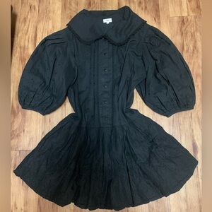 LPA Elegant Botton Down Puffed Sleeves Oversized Black Dress 100 % Cotton Lined
